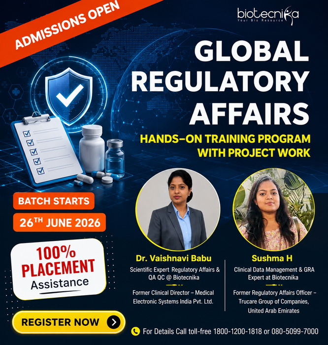 Global Regulatory Affairs Hands-on Training Program with LIVE Project Work - Admissions Open