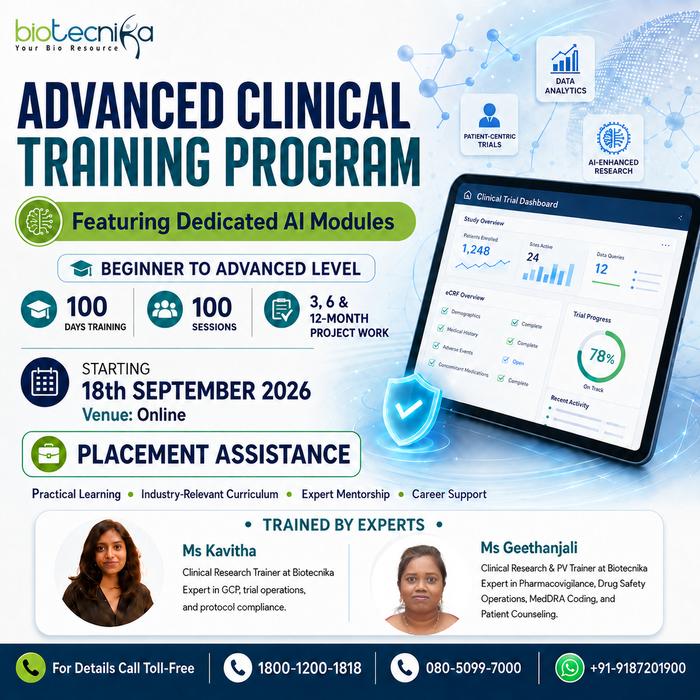100 Days Advanced Clinical Research Training Program With 3, 6 & 12 Months Applied Project Work + Placement Assistance