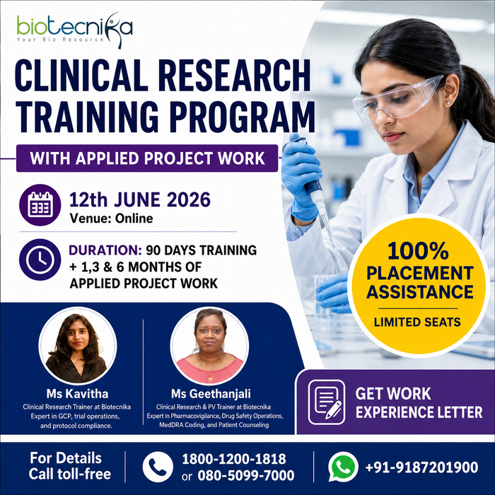 Clinical Research Training Program With 1, 3 & 6 Months Applied Project Work + Placement Assistance