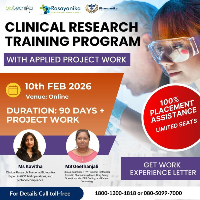 Clinical Research Training Program With 1, 3 & 6 Months Applied Project Work + Placement Assistance