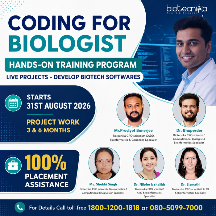 Coding For Biologist Hands-on Training Program With 3, 6 & 12 Months Project Work in Python, R, BioPython & CADD Biological Data Analysis